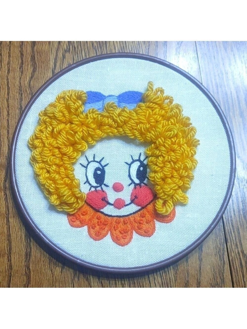 Vintage Crewel Doll Circle Framed Art
